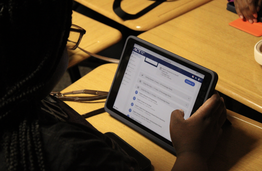 A student takes a practice test using ACT Online Prep during a math class.